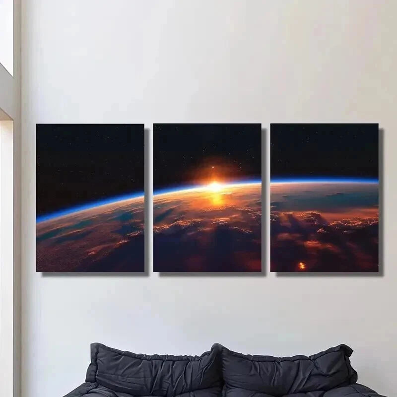 3pcs View of Sunrise on earth from the Space Wall Art Set Canvas Framed 40x60cm - High Quality Print 100% Australian Made Wall Canvas Ready to Hang