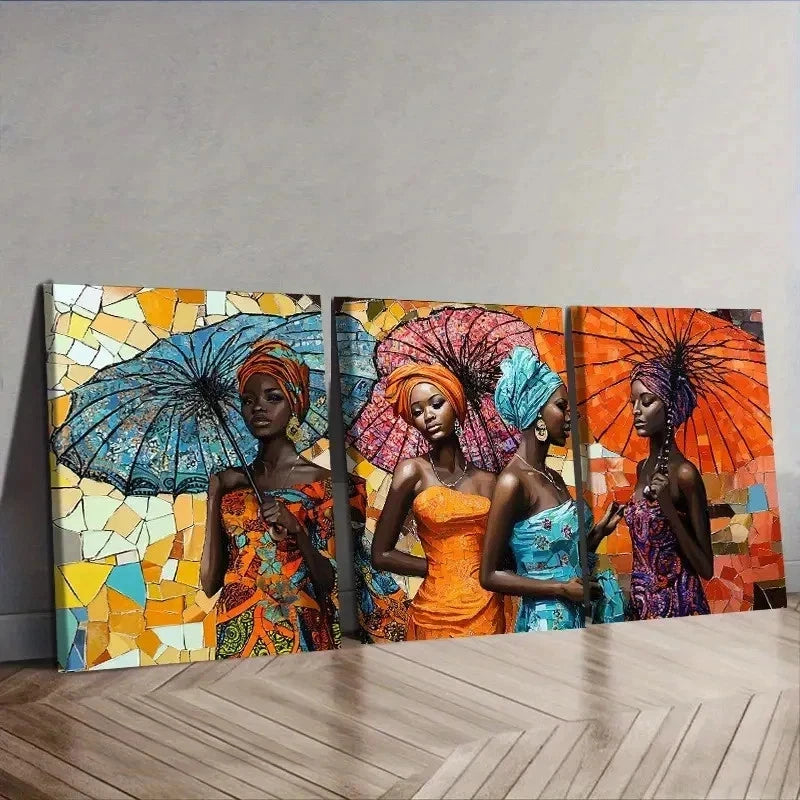 3pcs Three Beautiful African Women Wall Art Set Canvas Framed 40x60cm - High Quality Print 100% Australian Made Wall Canvas Ready to Hang