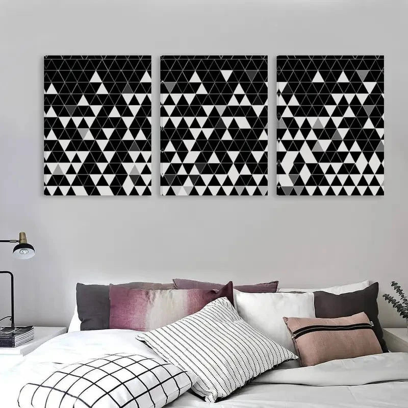 3pcs Black & White Abstract Triangle Patterns Wall Art Set Canvas Framed 60x90cm - High Quality Print 100% Australian Made Wall Canvas Ready to Hang