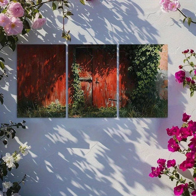 3pcs Rustic Red Wooden Cabin with Vines and Ivy Metal Print Ready to Hang Art