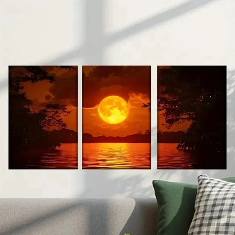 3pcs Abstract Moon Above a Lake Wall Art Set Canvas Framed 40x60cm - High Quality Print 100% Australian Made Wall Canvas Ready to Hang