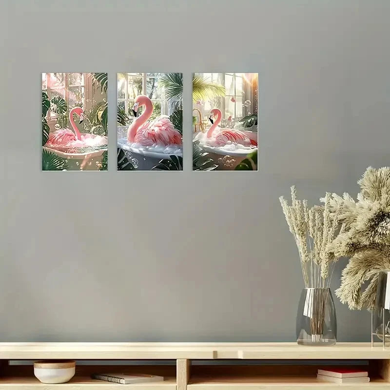 3pcs Fluffy Pink Flamingo in Bathtub Wall Art Set Canvas Framed 60x90cm - High Quality Print 100% Australian Made Wall Canvas Ready to Hang