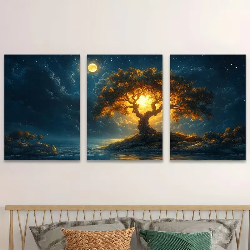 3pcs Moonlit Nature Mystical Tree Metal Print Ready to Hang Art