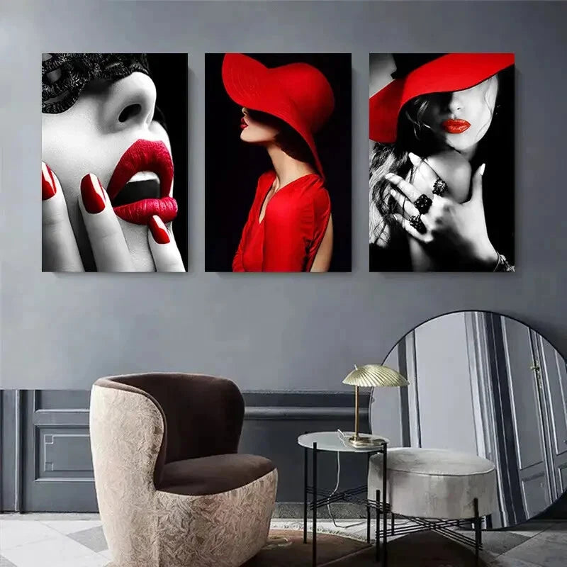3pcs Chic Red Hat & Lipstick Fashion Perfect Wall Art Set Canvas Framed 40x60cm - High Quality Print 100% Australian Made Wall Canvas Ready to Hang