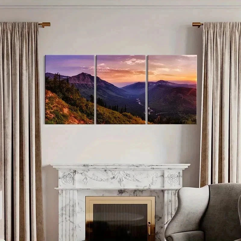 3pcs Valley Mountains and Sunset Modern Wall Art Set Canvas Framed 40x60cm - High Quality Print 100% Australian Made Wall Canvas Ready to Hang