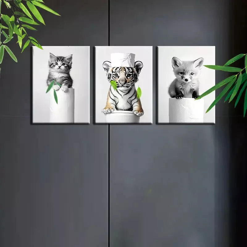 3pcs Minimalist Baby Animals Bathroom Wall Art Set Canvas Framed 50x70cm - High Quality Print 100% Australian Made Wall Canvas Ready to Hang