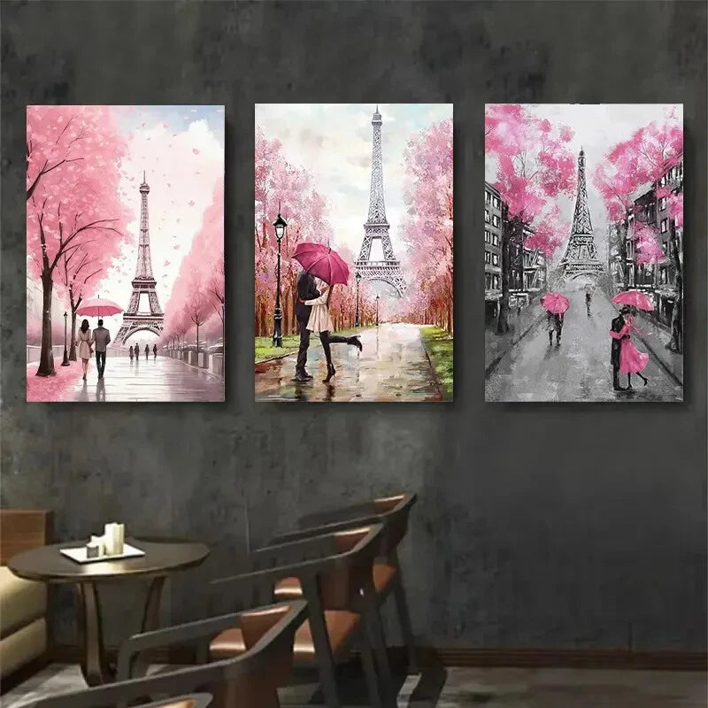 3pcs Eiffel Tower Paris Pink Umbrella Perfect Wall Art Set Canvas Framed 40x60cm - High Quality Print 100% Australian Made Wall Canvas Ready to Hang