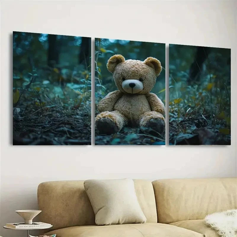 3pcs Stuffed Bear Forest Wall Art Set Canvas Framed 60x90cm - High Quality Print 100% Australian Made Wall Canvas Ready to Hang