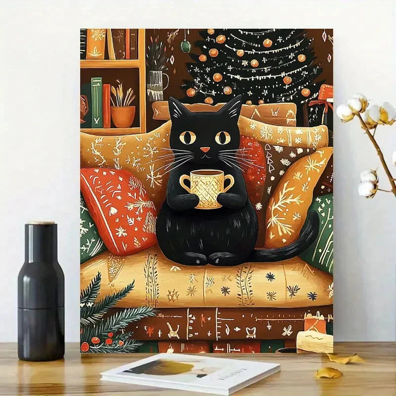 Black Cat Sitting On a Sofa With a Cup Painting 40x60cm Metal Print Ready to Hang