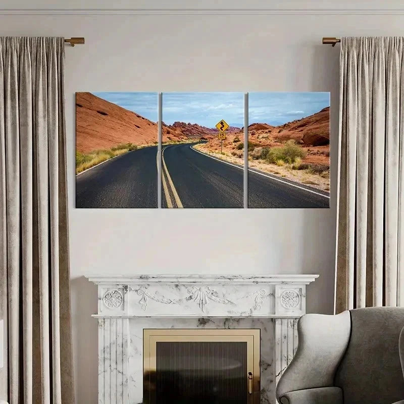 3pcs Road Landscape with Cacti & Rock Formations Wall Art Set Canvas Framed 40x60cm - High Quality Print 100% Australian Made Wall Canvas Ready to Hang