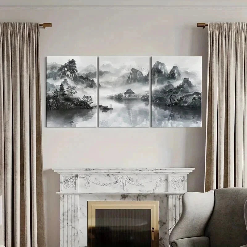 3pcs Black & White Chinese Landscape Wall Art Set Canvas Framed 40x60cm - High Quality Print 100% Australian Made Wall Canvas Ready to Hang