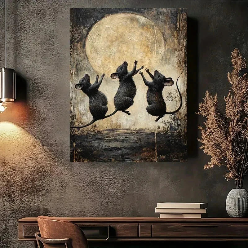 Beautiful Whimsical Jumping Mice Under Moon Painting 40x60cm Metal Print Ready to Hang