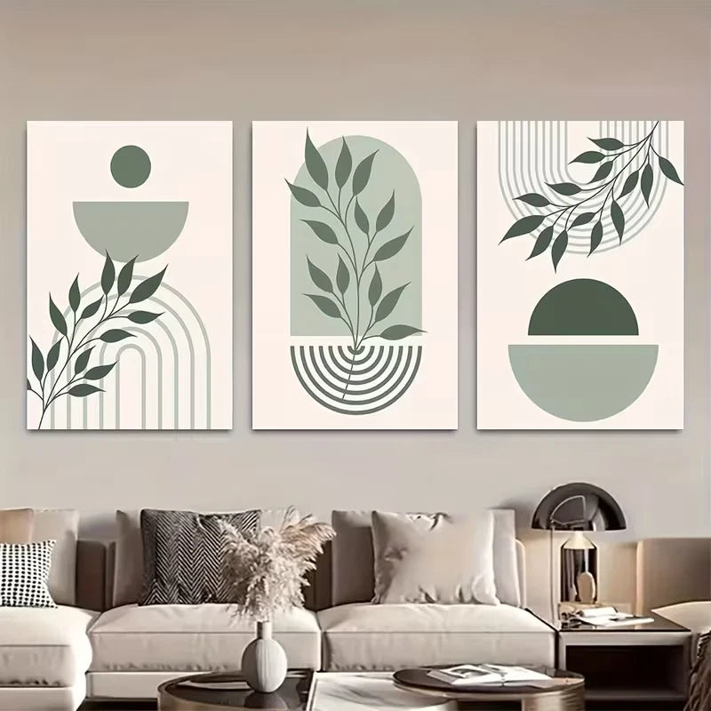 3pcs Boho Floral Art Green and Beige Minimalist Wall Art Set Canvas Framed 50x70cm - High Quality Print 100% Australian Made Wall Canvas Ready to Hang