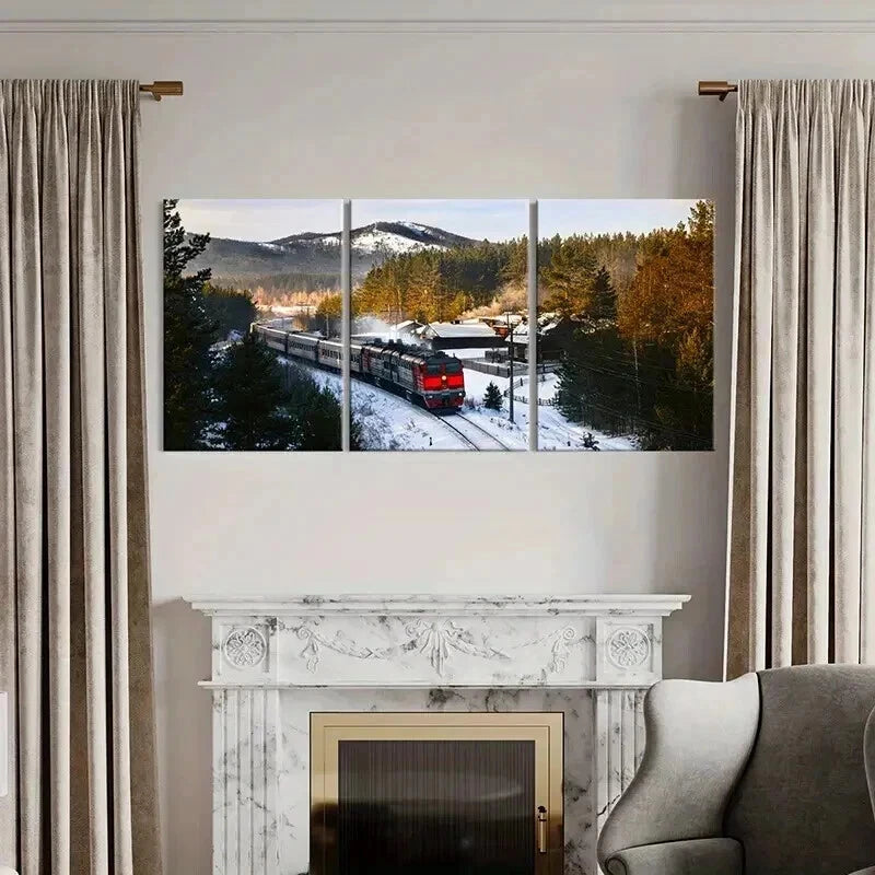 3pcs Snowy Landscape with Steam Train Wall Art Set Canvas Framed 40x60cm - High Quality Print 100% Australian Made Wall Canvas Ready to Hang