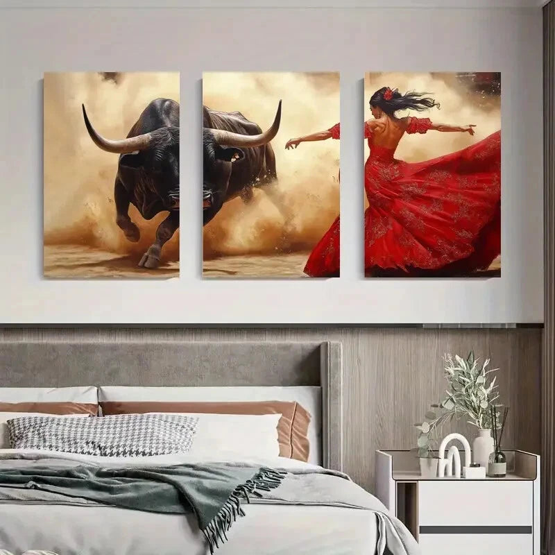 3pcs Flamenco Dancer Charging Bull Perfect Wall Art Set Canvas Framed 40x60cm - High Quality Print 100% Australian Made Wall Canvas Ready to Hang