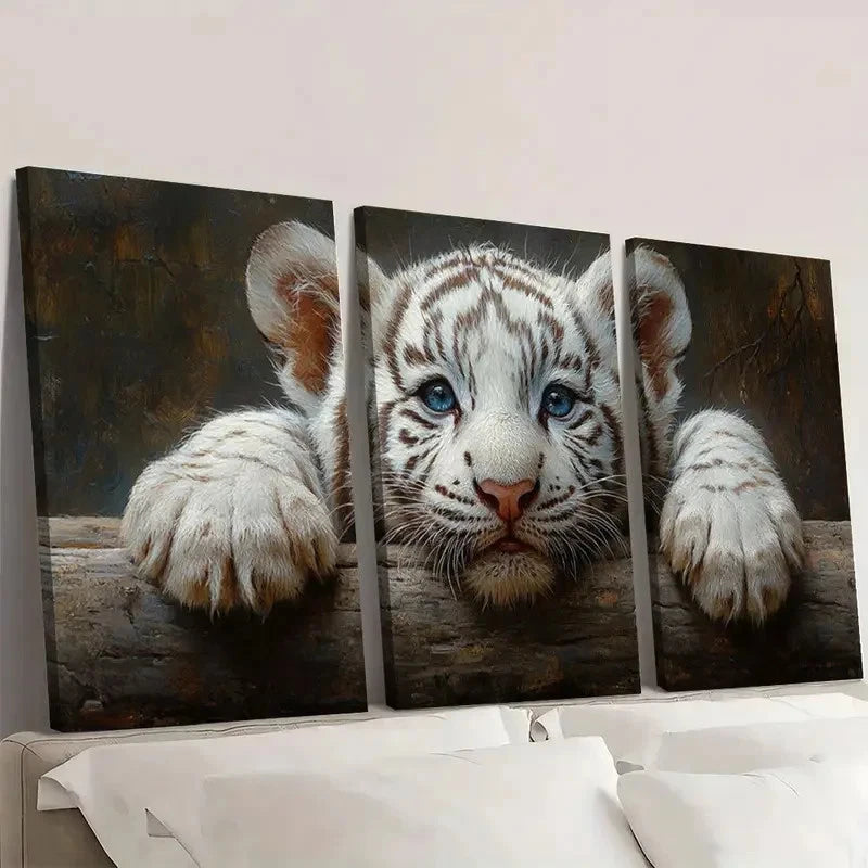3pcs Vibrant White Tiger Cub Wall Art Set Canvas Framed 40x60cm - High Quality Print 100% Australian Made Wall Canvas Ready to Hang