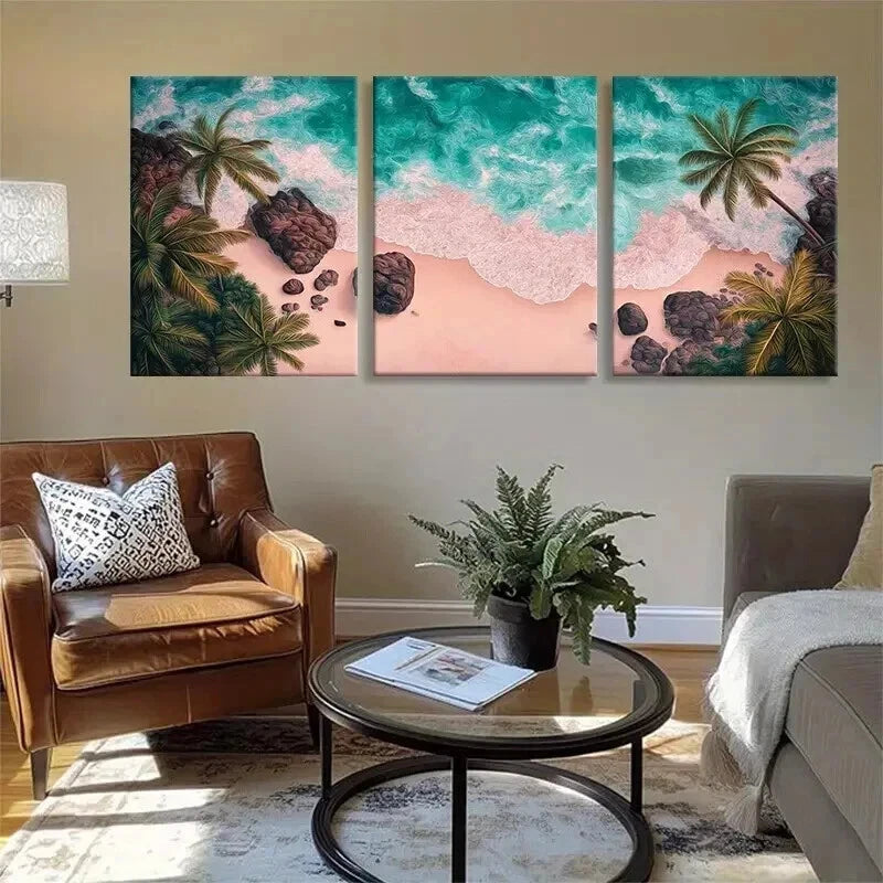 3pcs Palm Trees and Turquoise Ocean Perfect Wall Art Set Canvas Framed 40x60cm - High Quality Print 100% Australian Made Wall Canvas Ready to Hang