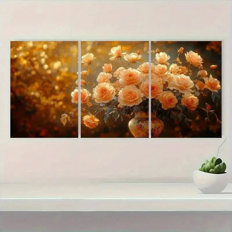 3pcs Elegant Golden Rose Floral Art T Wall Art Set Canvas Framed 60x90cm - High Quality Print 100% Australian Made Wall Canvas Ready to Hang