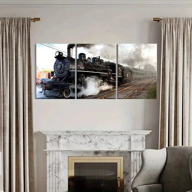 3pcs Retro Vintage Steam Train Vehicle Wall Art Set Canvas Framed 40x60cm - High Quality Print 100% Australian Made Wall Canvas Ready to Hang