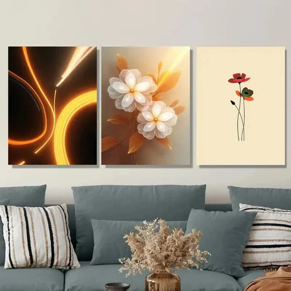 3pcs Modern Floral Elegant White Flowers Wall Art Set Canvas Framed 50x70cm - High Quality Print 100% Australian Made Wall Canvas Ready to Hang