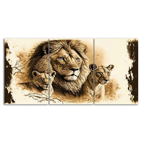 3 Piece Lion And Lioness Art with Golden Wall Art Set Canvas Unframed - High Quality Print 100% Australian Made Wall Canvas