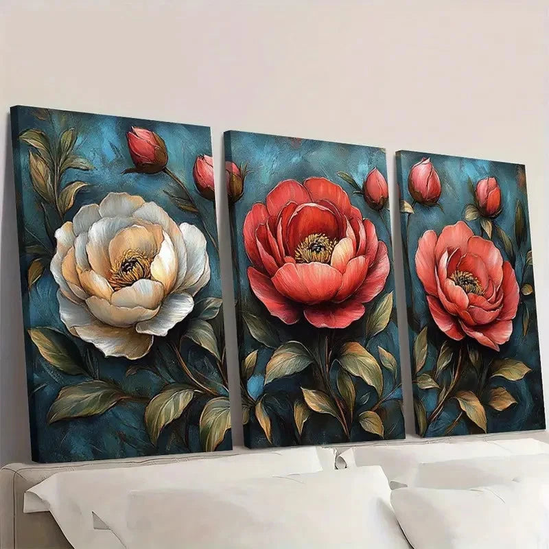 3pcs Elegant Peony Vibrant Floral Wall Art Set Canvas Framed 40x60cm - High Quality Print 100% Australian Made Wall Canvas Ready to Hang