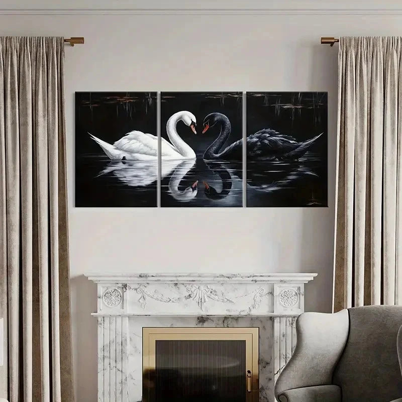 3pcs Black And White Swan, Reflections Painting Wall Art Set Canvas Framed 60x90cm - High Quality Print 100% Australian Made Wall Canvas Ready to Hang