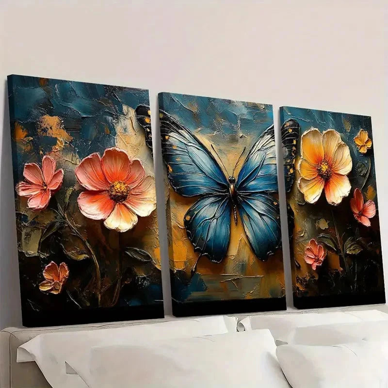 3pcs Vibrant Blue Butterfly with Orange Flowers Wall Art Set Canvas Framed 40x60cm - High Quality Print 100% Australian Made Wall Canvas Ready to Hang