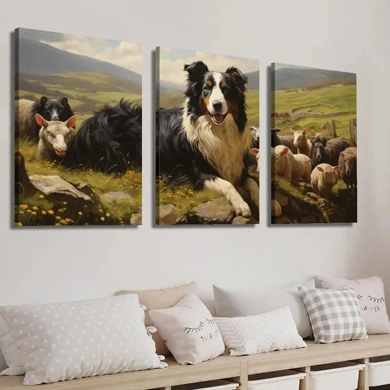 3pcs Sheepdog & Sheep Meadow Scene Perfect Wall Art Set Canvas Framed 40x60cm - High Quality Print 100% Australian Made Wall Canvas Ready to Hang