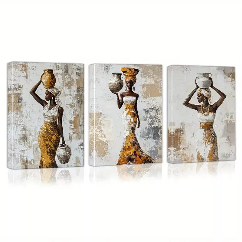 3pcs Elegant African Women with Vase on a table Wall Art Set Canvas Framed 50x70cm - High Quality Print 100% Australian Made Wall Canvas Ready to Hang - Bella Home Decor