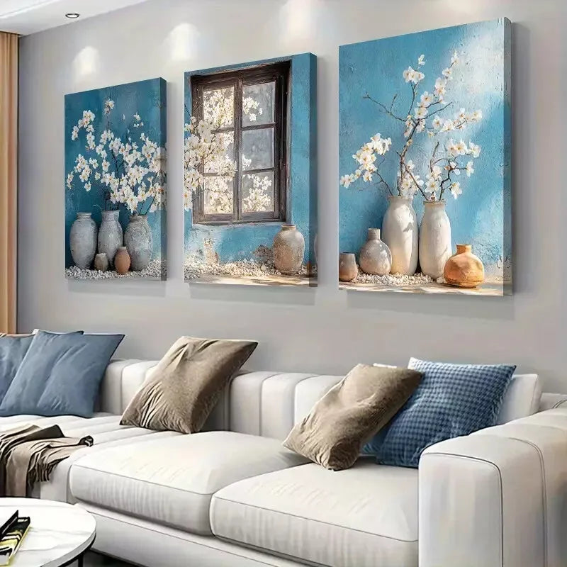 3pcs White Blossom Flowers-Vintage Floral Wall Art Set Canvas Framed 40x60cm - High Quality Print 100% Australian Made Wall Canvas Ready to Hang