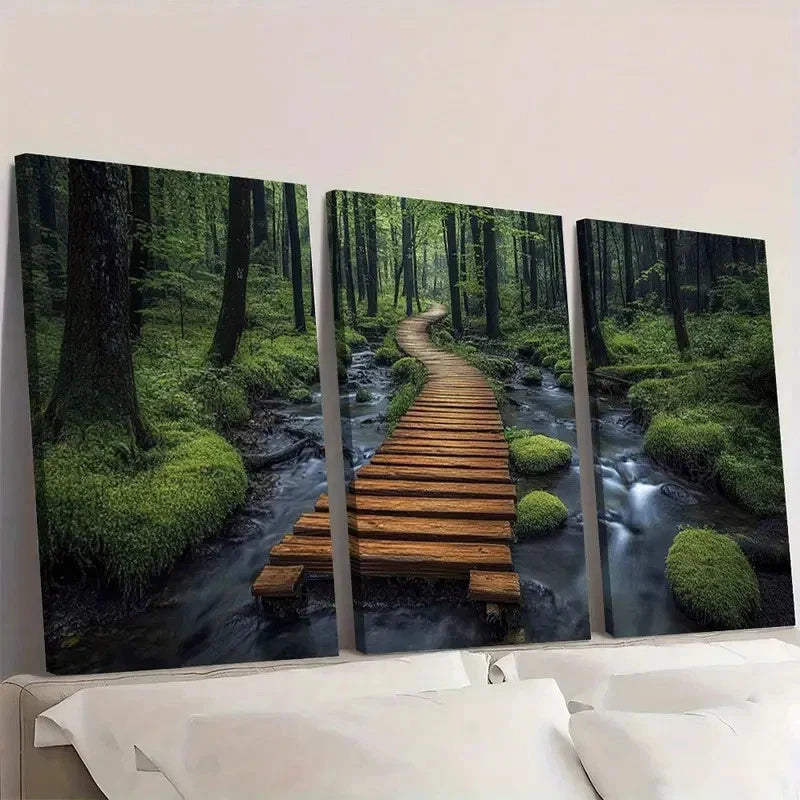 3pcs Boardwalk Stream Vibrant Green Foliage Wall Art Set Canvas Framed 40x60cm - High Quality Print 100% Australian Made Wall Canvas Ready to Hang