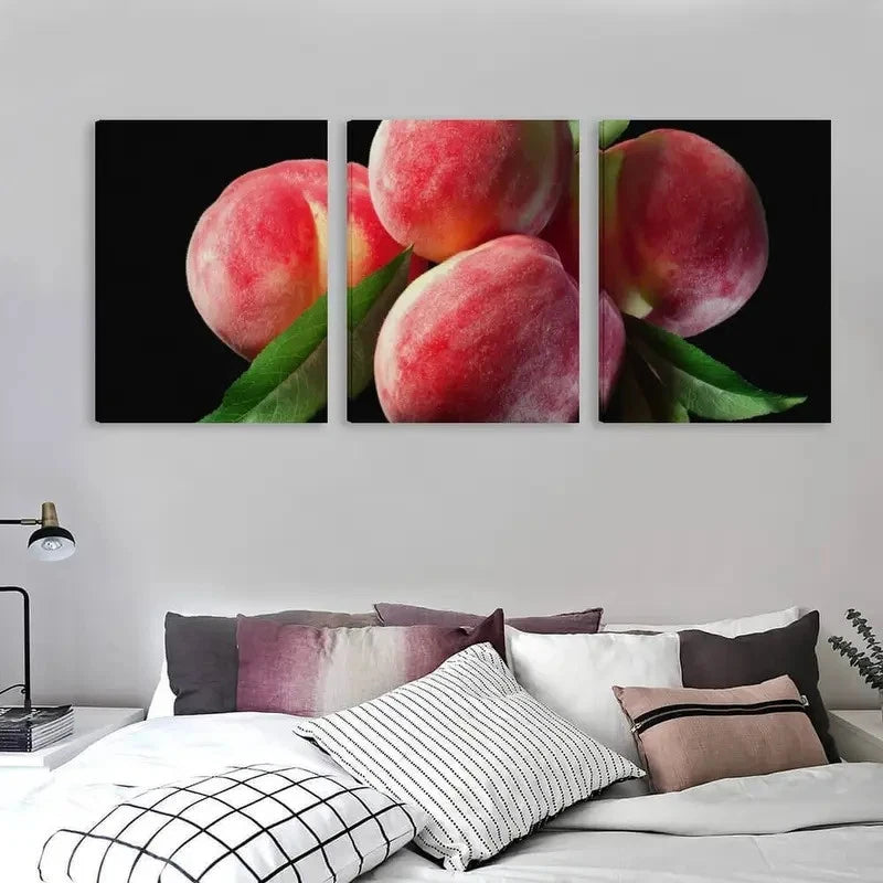 3pcs Peaches on a Black Background Modern Wall Art Set Canvas Framed 50x70cm - High Quality Print 100% Australian Made Wall Canvas Ready to Hang