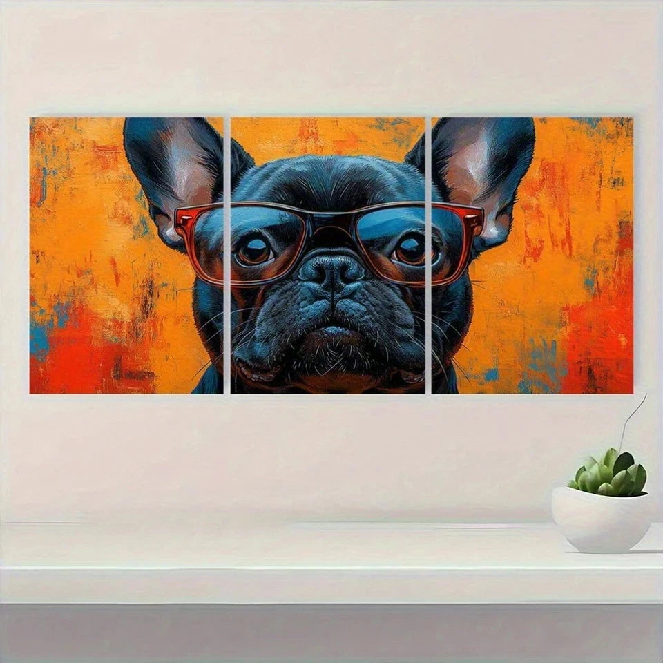 3pcs Abstract French Bulldog with Glasses Metal Print Ready to Hang Art