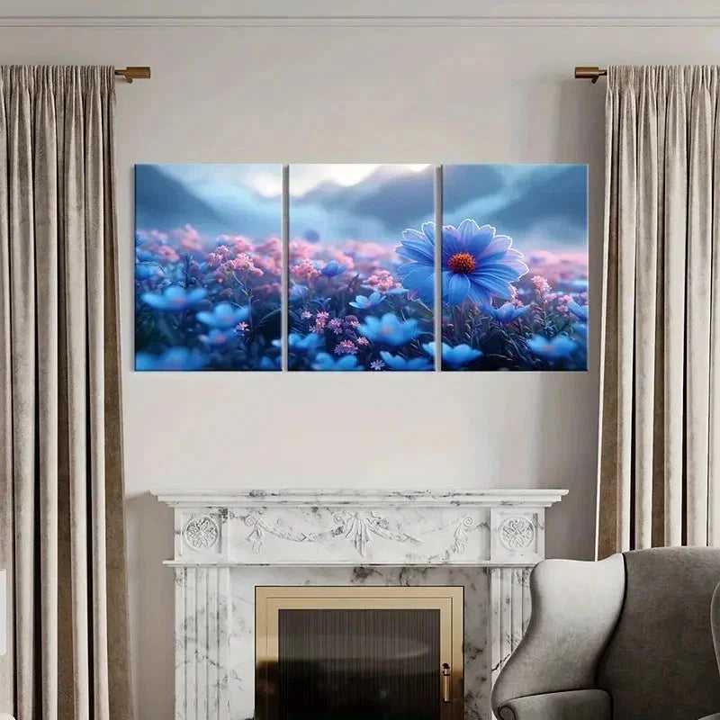 3pcs Blue Pink & Purple Wildflower Field Wall Art Set Canvas Framed 40x60cm - High Quality Print 100% Australian Made Wall Canvas Ready to Hang