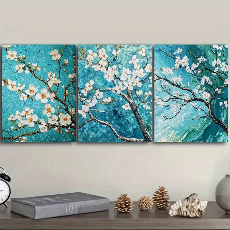 3pcs green and white blossoming Wall Art Set Canvas Framed 60x90cm - High Quality Print 100% Australian Made Wall Canvas Ready to Hang