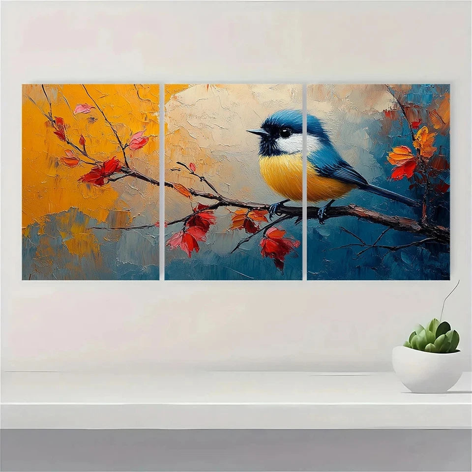 3pcs Vibrant Abstract Chickadee Bird Wall Art Set Canvas Framed 40x60cm - High Quality Print 100% Australian Made Wall Canvas Ready to Hang