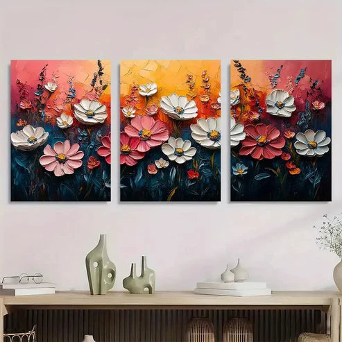3pcs Pink Meadow & Wildflower Textured Wall Art Set Canvas Unframed - High Quality Print 100% Australian Made Wall Canvas