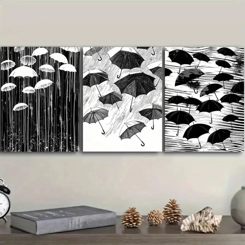 3pcs Black White Umbrellas in the Wind and Rain Wall Art Set Canvas Framed 40x60cm - High Quality Print 100% Australian Made Wall Canvas Ready to Hang