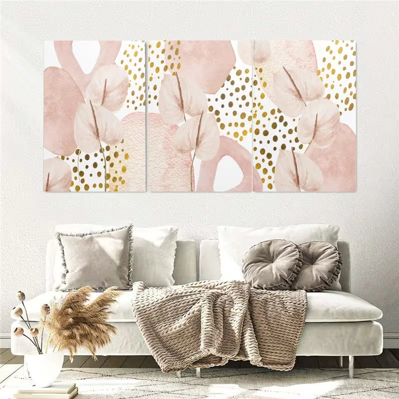 3pcs Soft Pink & Golden Abstract Painting Wall Art Set Canvas Framed 50x70cm – High Quality Print 100% Australian Made Wall Canvas Ready to Hang