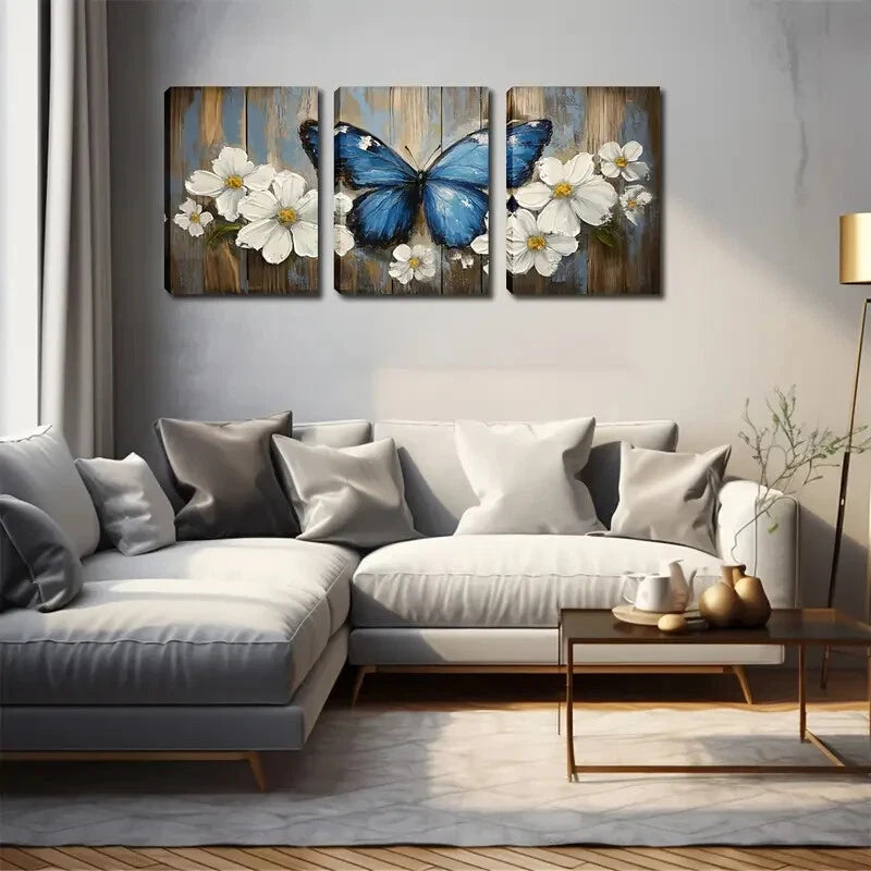 3pcs Blooming Flowers & Blue Butterfly Perfect Wall Art Set Canvas Framed 40x60cm - High Quality Print 100% Australian Made Wall Canvas Ready to Hang