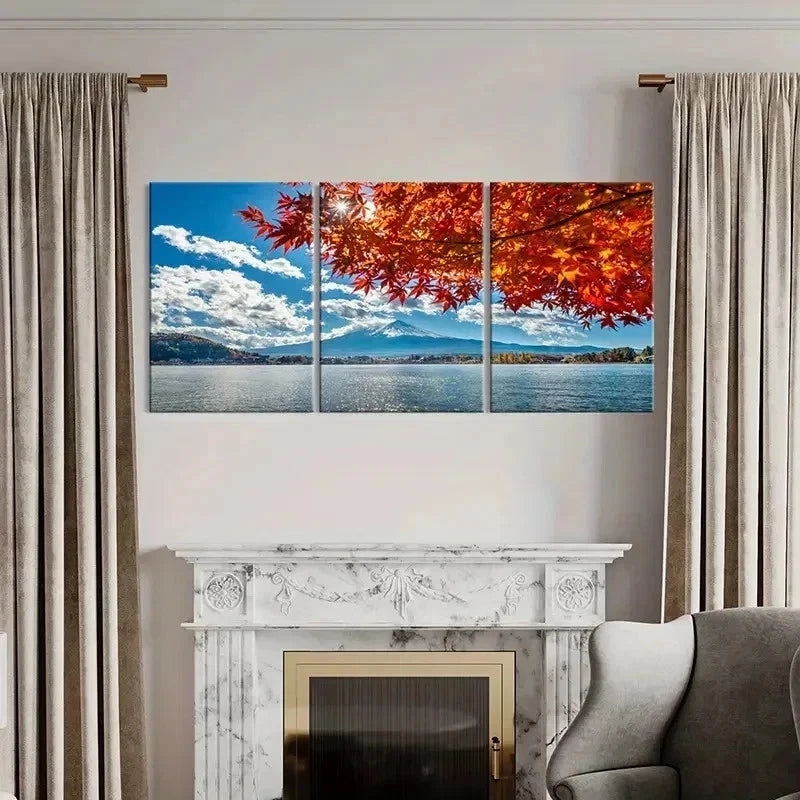 3pcs Nature Sea Mountains Maple Leaves Wall Art Set Canvas Framed 40x60cm - High Quality Print 100% Australian Made Wall Canvas Ready to Hang