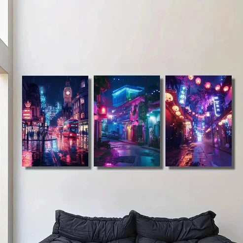 3pcs City Night Scene under Neon Lights Wall Art Canvas Unframed - High Quality Print 100% Australian Made Wall Canvas