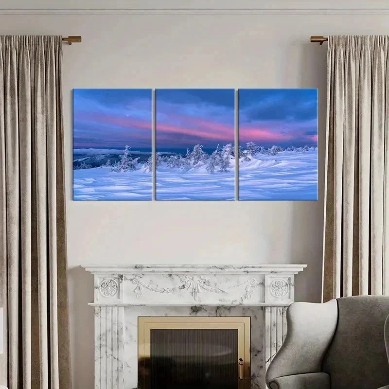 3pcs Snowscape Sunset & Trees, Modern Wall Art Set Canvas Framed 40x60cm - High Quality Print 100% Australian Made Wall Canvas Ready to Hang