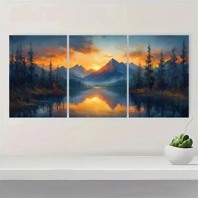 3pcs Twilight Mountain Land Sunset, Pine SP Wall Art Set Canvas Framed 60x90cm - High Quality Print 100% Australian Made Wall Canvas Ready to Hang