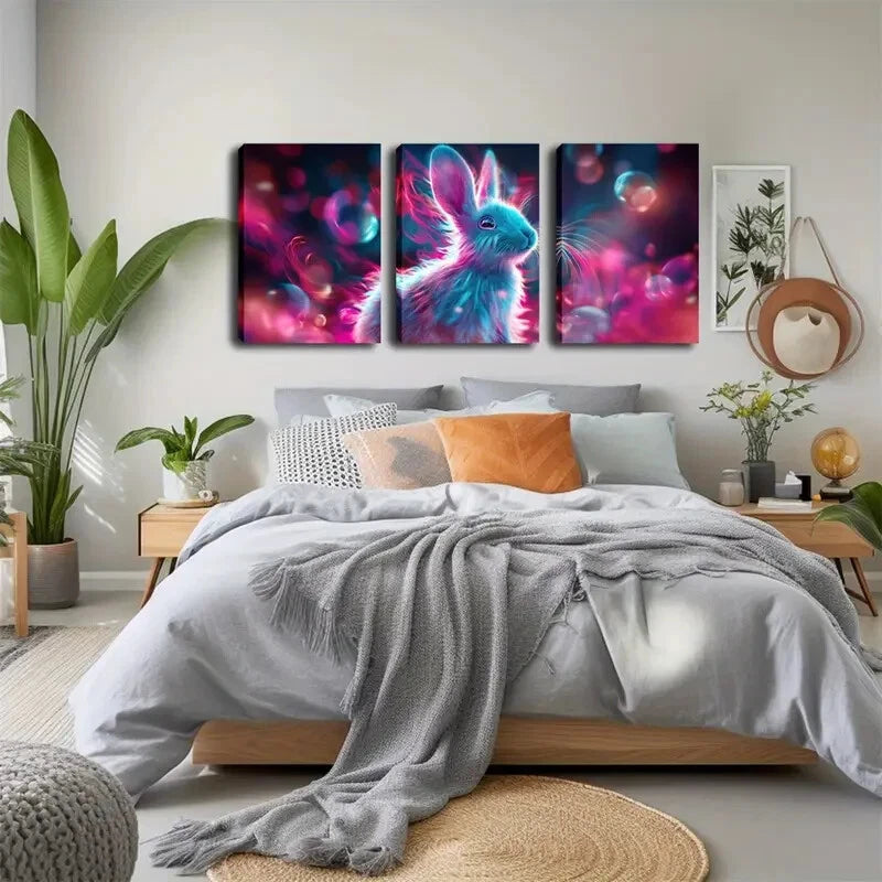 3pcs Pink Rabbit Glowing Neon Accent Perfect Wall Art Set Canvas Framed 40x60cm - High Quality Print 100% Australian Made Wall Canvas Ready to Hang