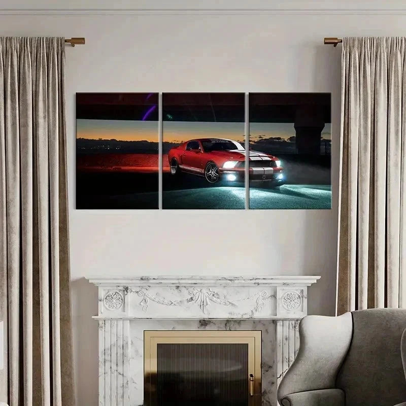 3pcs Sunset Red Ford Sport Car Modern Wall Art Set Canvas Framed 40x60cm - High Quality Print 100% Australian Made Wall Canvas Ready to Hang