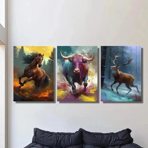 3pcs Horse Bull Deer Running in the Forest Wall Art Canvas Unframed - High Quality Print 100% Australian Made Wall Canvas