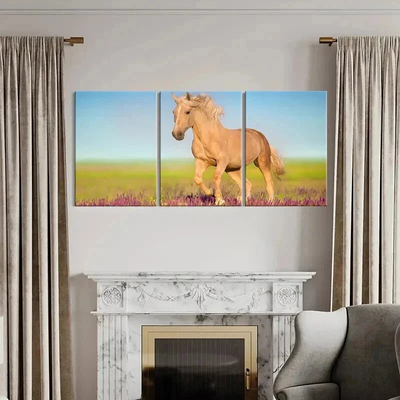 3pcs Meadow Running Horses & Lavender Flowers Wall Art Set Canvas Framed 40x60cm - High Quality Print 100% Australian Made Wall Canvas Ready to Hang
