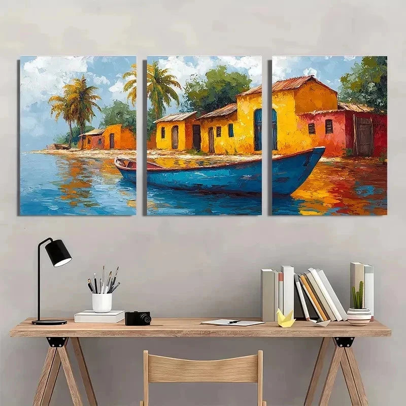 3pcs Village Landscape Impasto Perfect Wall Art Set Canvas Framed 40x60cm - High Quality Print 100% Australian Made Wall Canvas Ready to Hang